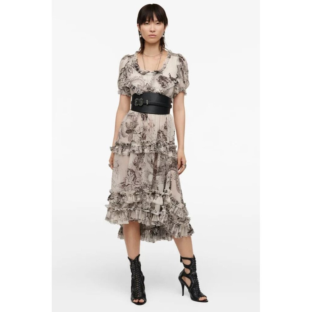 Zara Beige Floral Ruffle Midi Dress NWOT